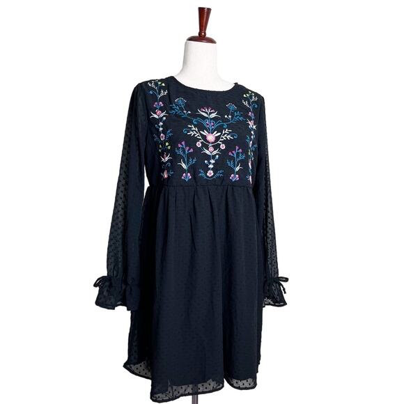 XHILARATION Black Embroidered Floral Swiss Dot Long Sleeve Mini Dress Women's S - Picture 1 of 10